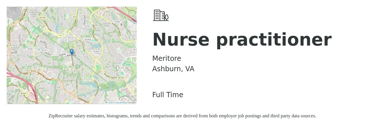 Meritore job posting for a Nurse practitioner in Ashburn, VA with a salary of $110,400 to $153,400 Yearly with a map of Ashburn location.