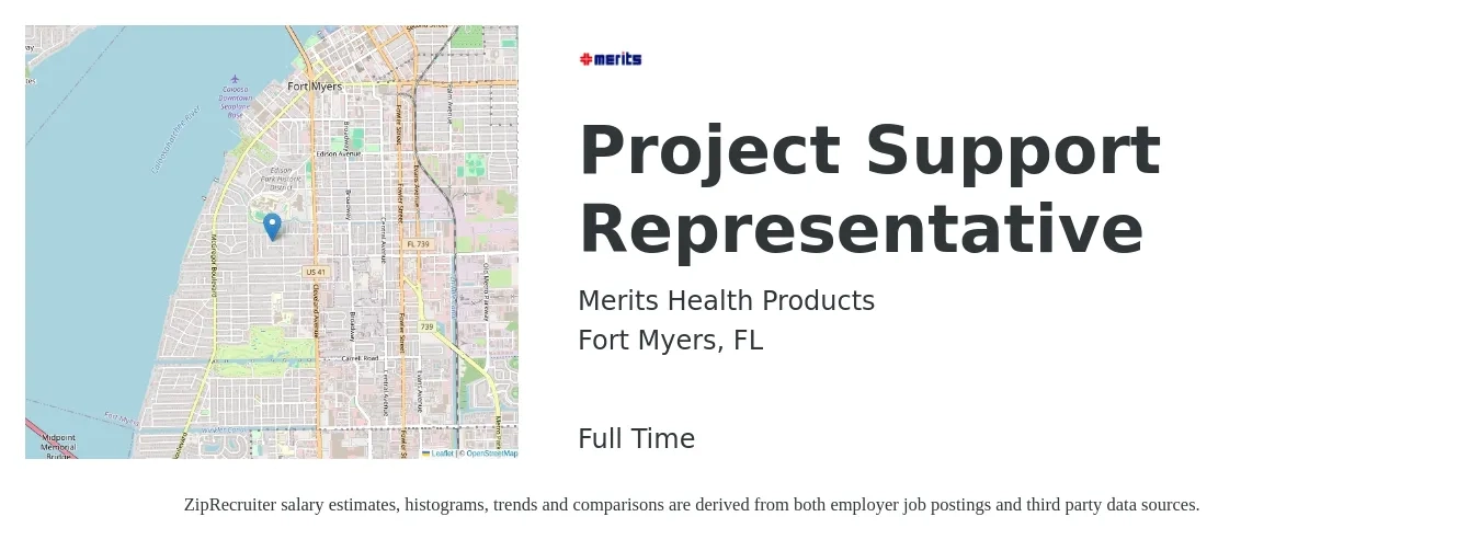 Merits Health Products job posting for a Project Support Representative in Fort Myers, FL with a salary of $17 to $23 Hourly with a map of Fort Myers location.