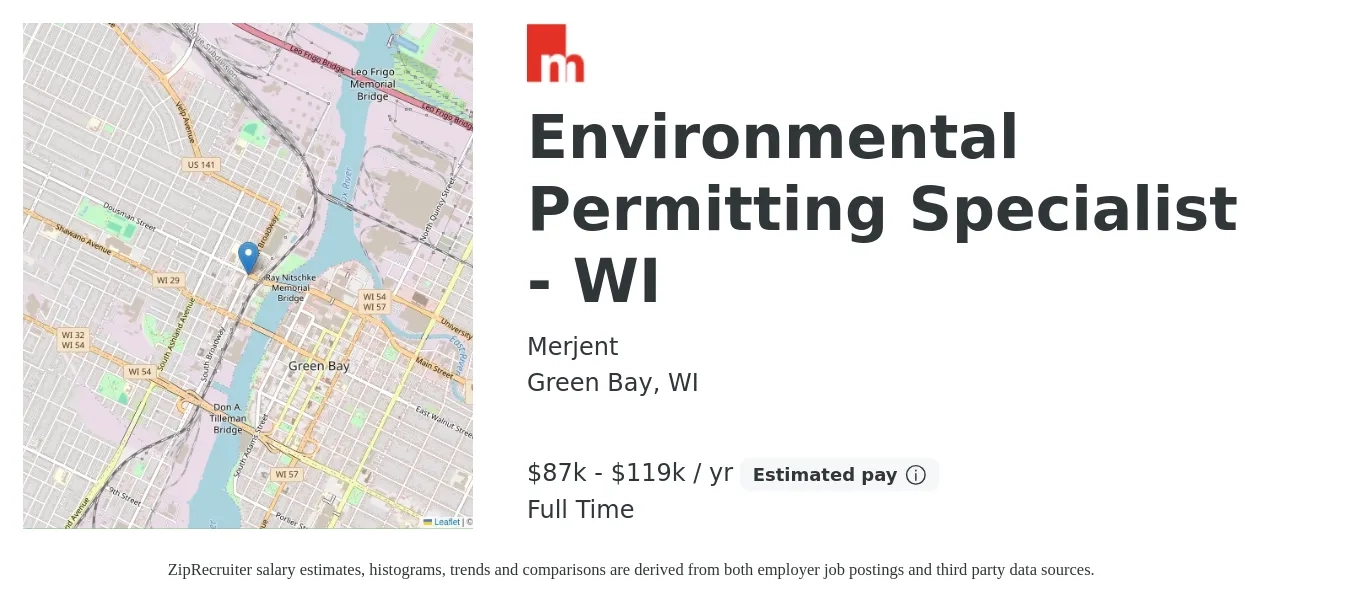Merjent job posting for a Environmental Permitting Specialist - WI in Green Bay, WI with a salary of $87,600 to $119,000 Yearly with a map of Green Bay location.