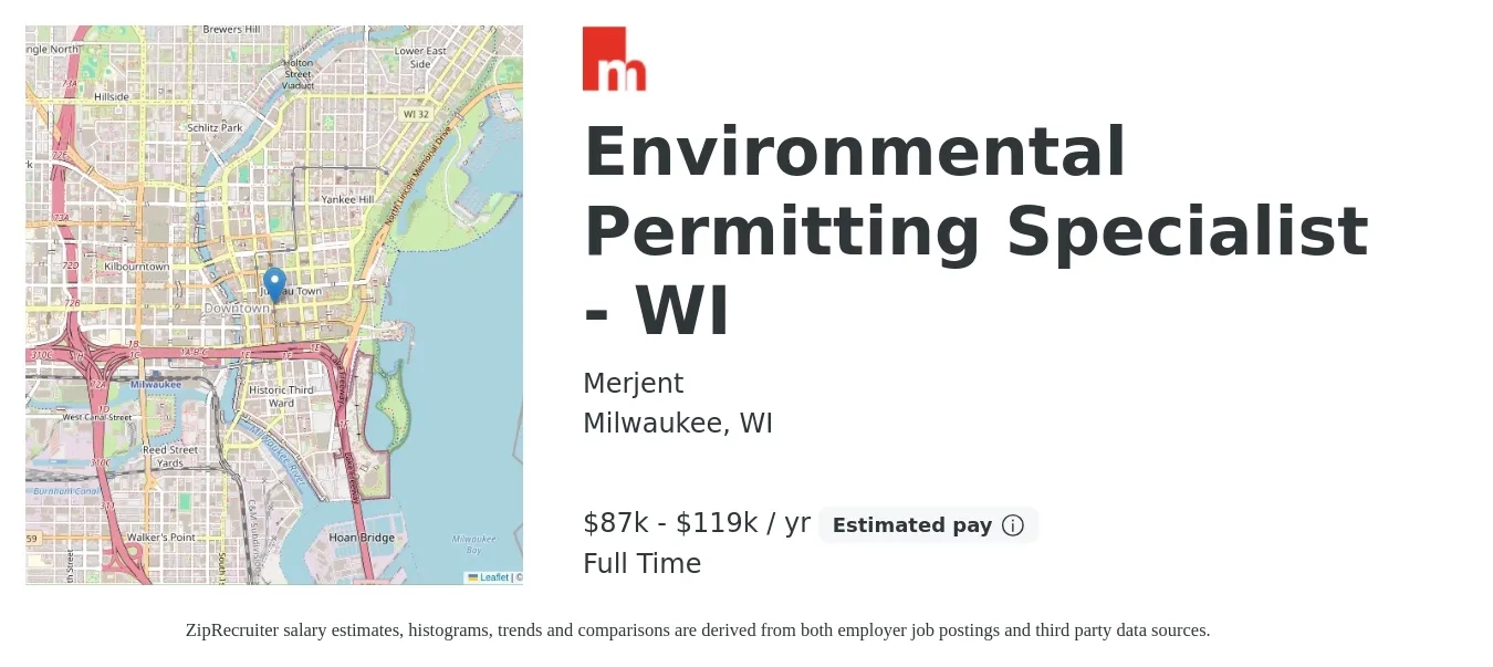 Merjent job posting for a Environmental Permitting Specialist - WI in Milwaukee, WI with a salary of $87,600 to $119,000 Yearly with a map of Milwaukee location.