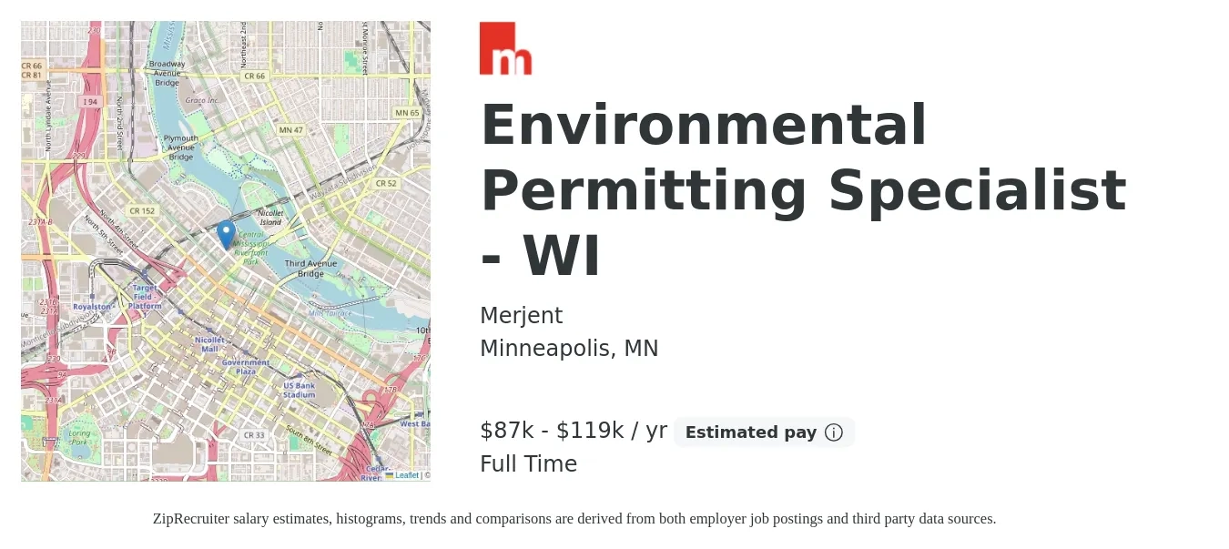 Merjent job posting for a Environmental Permitting Specialist - WI in Minneapolis, MN with a salary of $87,600 to $119,000 Yearly with a map of Minneapolis location.