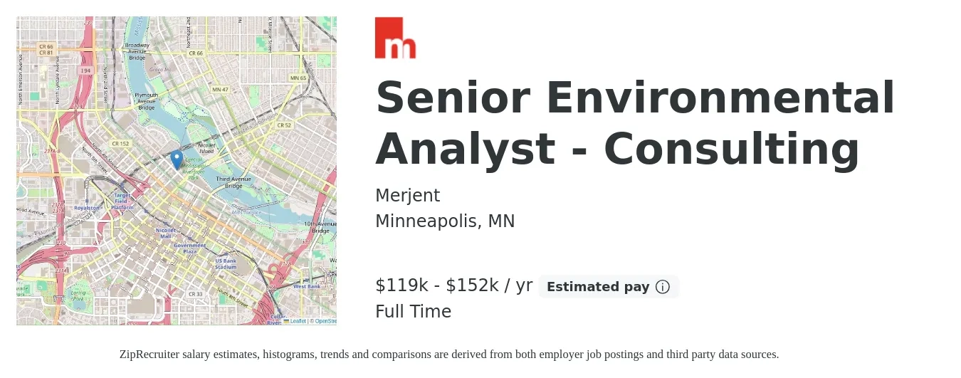 Merjent job posting for a Senior Environmental Analyst - Consulting in Minneapolis, MN with a salary of $119,000 to $152,000 Yearly with a map of Minneapolis location.