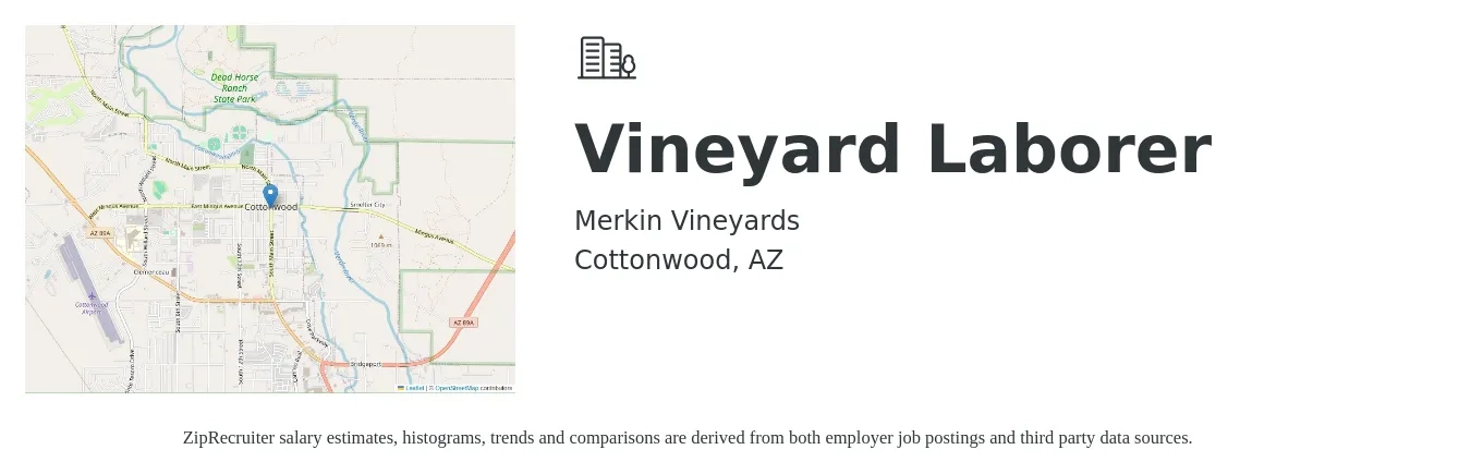 Merkin Vineyards job posting for a Vineyard Laborer in Cottonwood, AZ with a salary of $16 to $19 Hourly with a map of Cottonwood location.