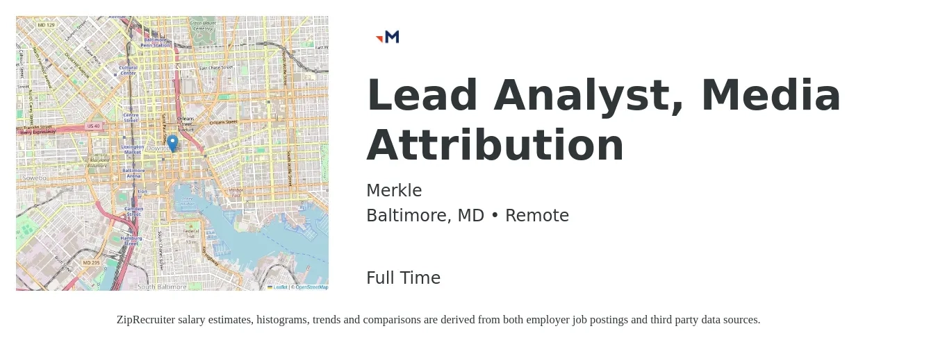 Merkle job posting for a Lead Analyst, Media Attribution in Baltimore, MD with a salary of $78,000 to $126,500 Yearly with a map of Baltimore location.
