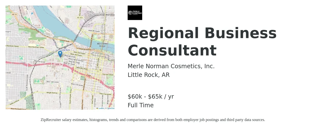 Merle Norman Cosmetics, Inc. job posting for a Regional Business Consultant in Little Rock, AR with a salary of $60,000 to $65,000 Yearly with a map of Little Rock location.
