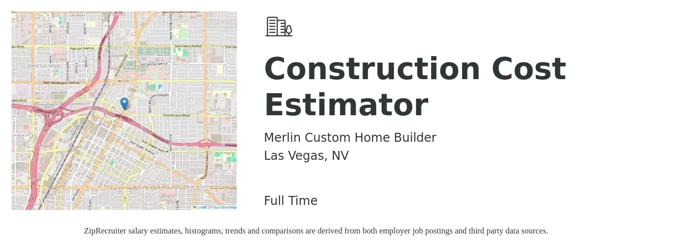 Merlin Custom Home Builder job posting for a Construction Cost Estimator in Las Vegas, NV with a salary of $64,000 to $99,300 Yearly with a map of Las Vegas location.