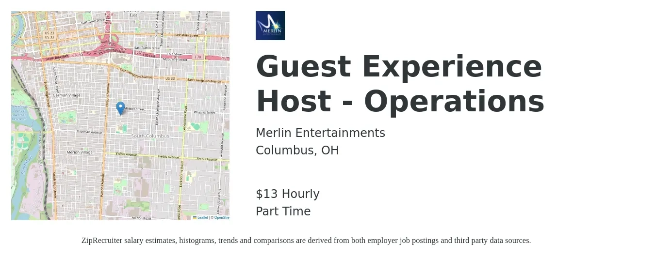 Merlin Entertainments job posting for a Guest Experience Host - Operations in Columbus, OH with a salary of $14 Hourly with a map of Columbus location.