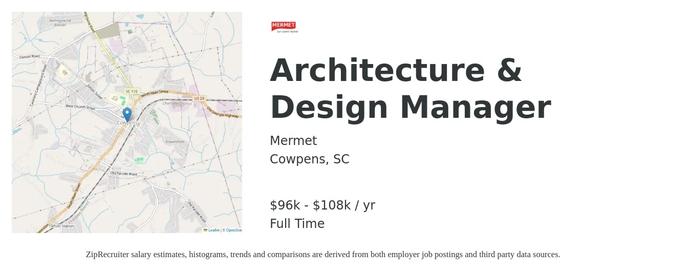 Mermet job posting for a Architecture & Design Manager in Cowpens, SC with a salary of $96,000 to $108,000 Yearly with a map of Cowpens location.