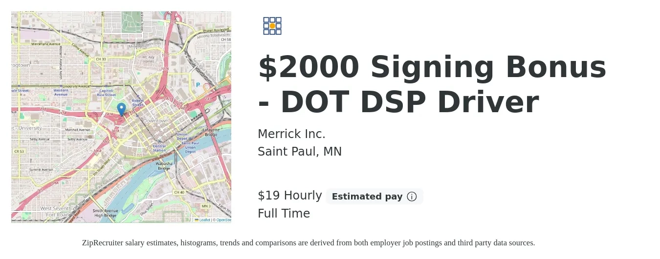 Merrick Inc. job posting for a $2000 Signing Bonus - DOT DSP Driver in Saint Paul, MN with a salary of $20 Hourly with a map of Saint Paul location.