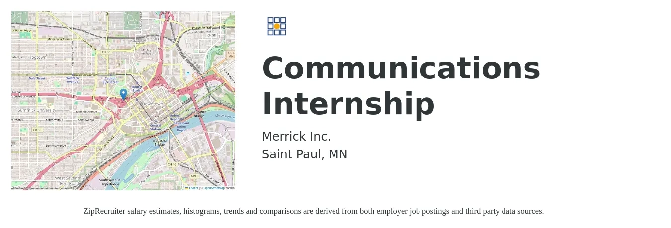 Merrick Inc. job posting for a Communications Internship in Saint Paul, MN with a salary of $17 Hourly with a map of Saint Paul location.