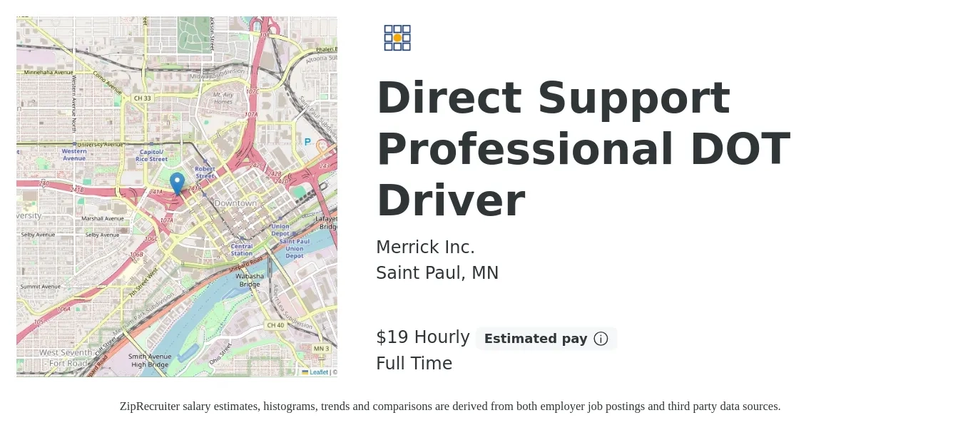 Merrick Inc. job posting for a Direct Support Professional DOT Driver in Saint Paul, MN with a salary of $20 Hourly with a map of Saint Paul location.