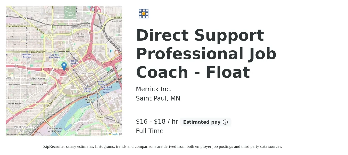 Merrick Inc. job posting for a Direct Support Professional Job Coach - Float in Saint Paul, MN with a salary of $17 to $20 Hourly with a map of Saint Paul location.