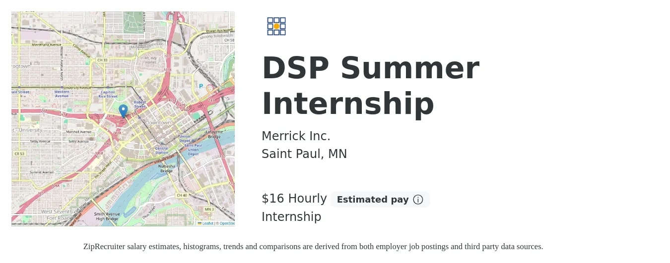 Merrick Inc. job posting for a DSP Summer Internship in Saint Paul, MN with a salary of $17 to $18 Hourly with a map of Saint Paul location.