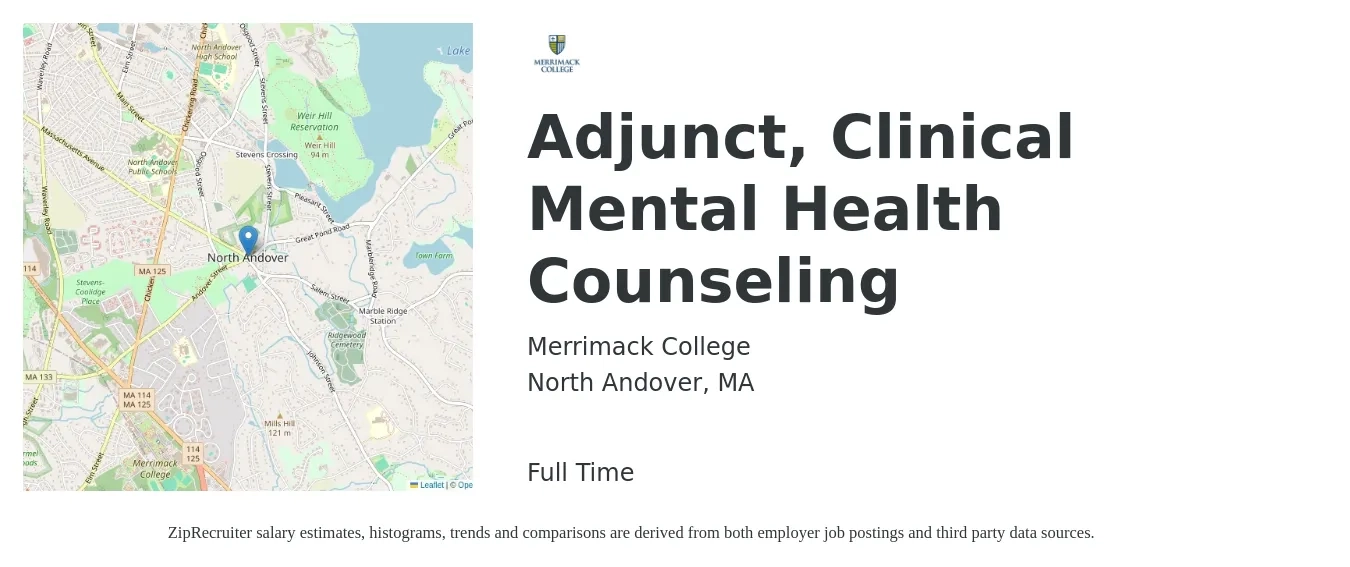 Merrimack College job posting for a Adjunct, Clinical Mental Health Counseling in North Andover, MA with a salary of $32 to $60 Hourly with a map of North Andover location.