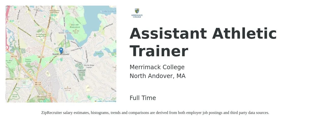 Merrimack College job posting for a Assistant Athletic Trainer in North Andover, MA with a salary of $24,200 to $51,000 Yearly with a map of North Andover location.