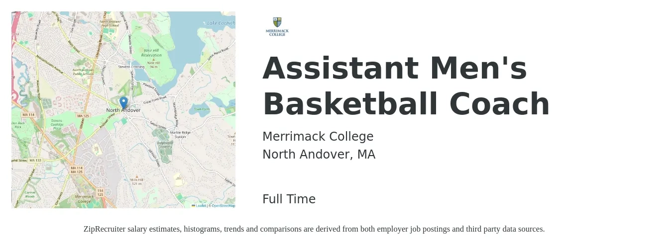 Merrimack College job posting for a Assistant Men's Basketball Coach in North Andover, MA with a salary of $28,300 to $53,000 Yearly with a map of North Andover location.