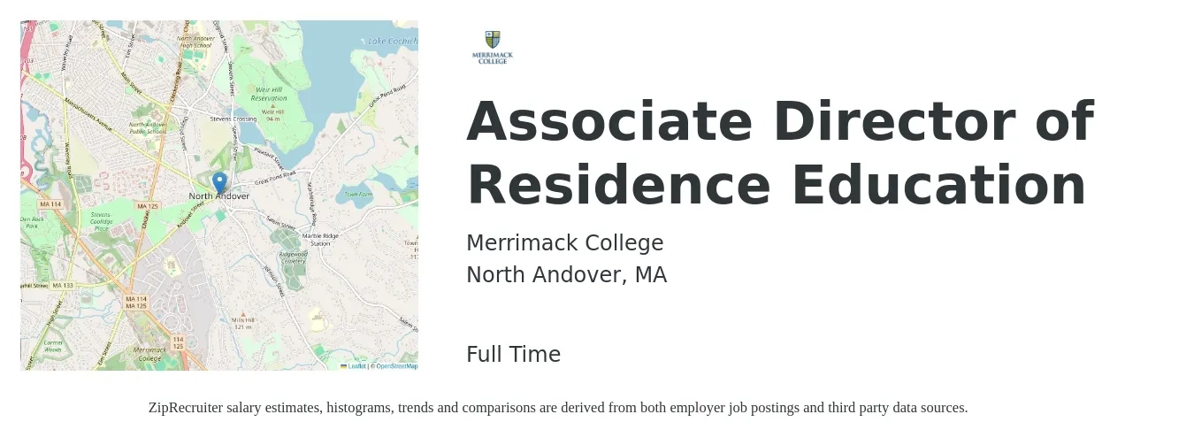Merrimack College job posting for a Associate Director of Residence Education in North Andover, MA with a salary of $62,100 to $85,800 Yearly with a map of North Andover location.