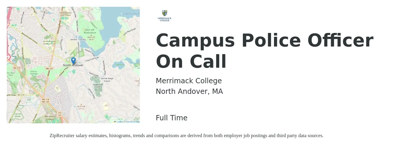 Merrimack College job posting for a Campus Police Officer On Call in North Andover, MA with a salary of $38,900 to $56,100 Yearly with a map of North Andover location.