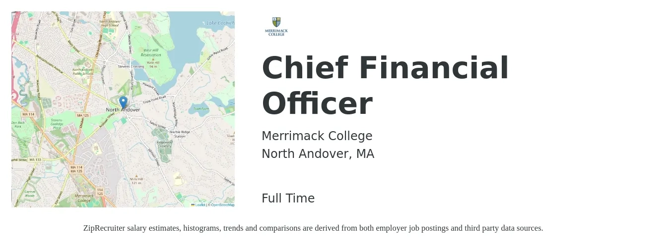 Merrimack College job posting for a Chief Financial Officer in North Andover, MA with a salary of $142,400 to $404,000 Yearly with a map of North Andover location.