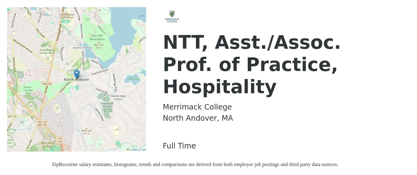 Merrimack College job posting for a NTT, Asst./Assoc. Prof. of Practice, Hospitality in North Andover, MA with a salary of $60,600 to $91,900 Yearly with a map of North Andover location.