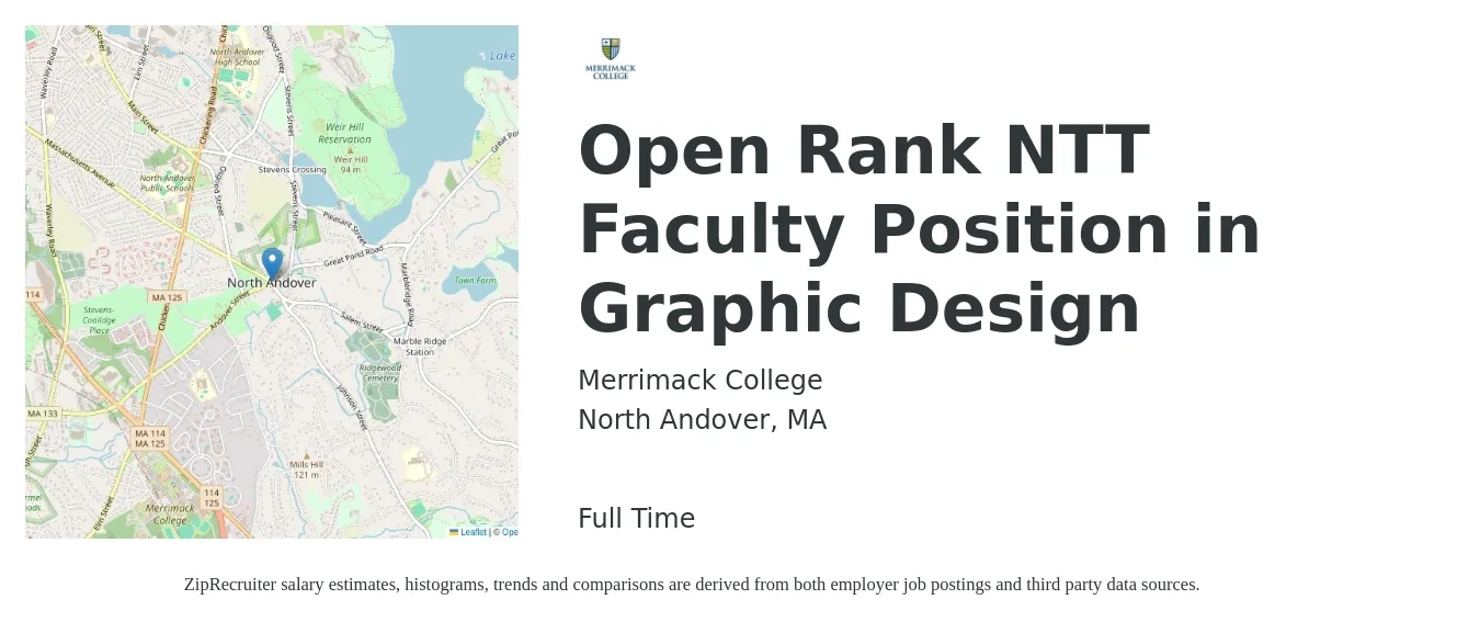 Merrimack College job posting for a Open Rank NTT Faculty Position in Graphic Design in North Andover, MA with a salary of $21 to $33 Hourly with a map of North Andover location.