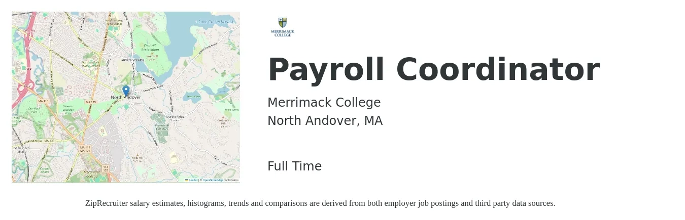 Merrimack College job posting for a Payroll Coordinator in North Andover, MA with a salary of $23 to $30 Hourly with a map of North Andover location.