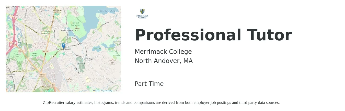 Merrimack College job posting for a Professional Tutor in North Andover, MA with a salary of $20 to $31 Hourly with a map of North Andover location.
