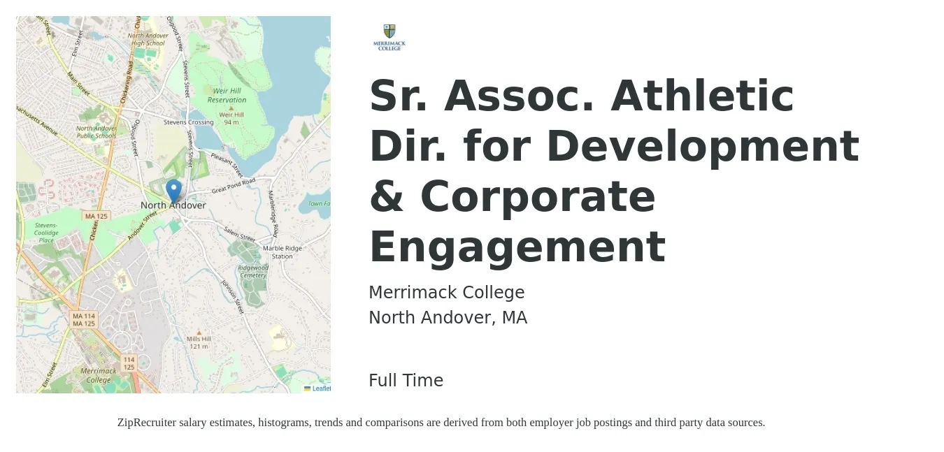 Merrimack College job posting for a Sr. Assoc. Athletic Dir. for Development & Corporate Engagement in North Andover, MA with a salary of $110,100 to $123,700 Yearly with a map of North Andover location.