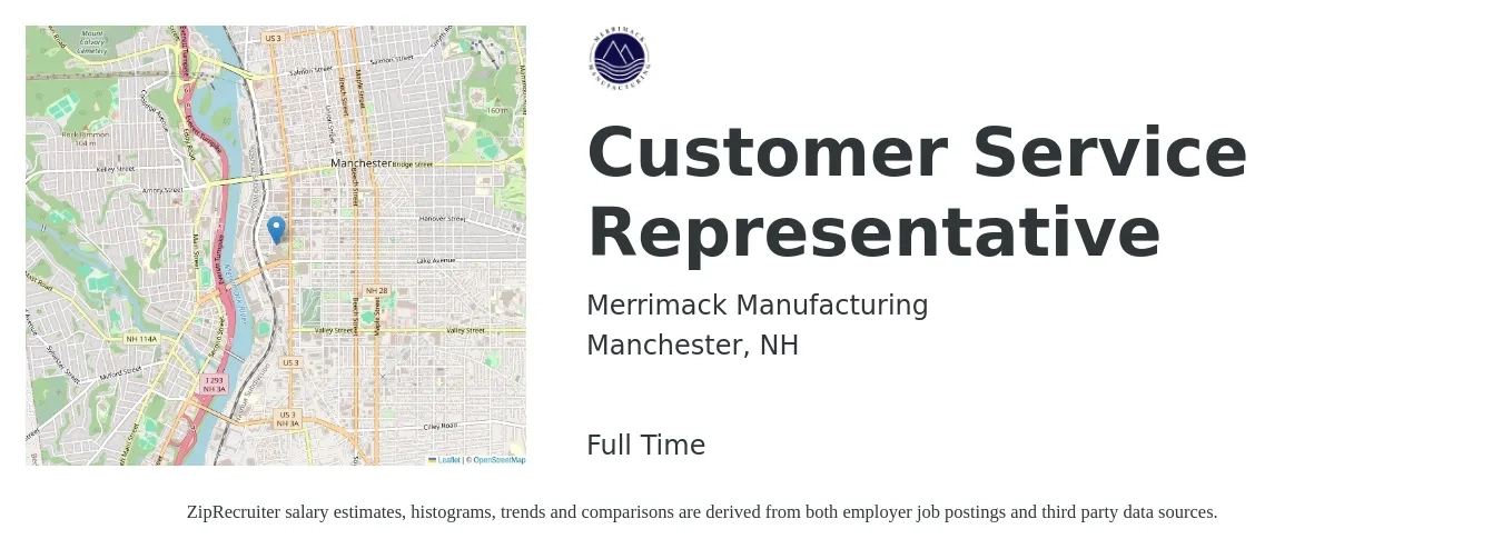 Merrimack Manufacturing job posting for a Customer Service Representative in Manchester, NH with a salary of $16 to $22 Hourly with a map of Manchester location.