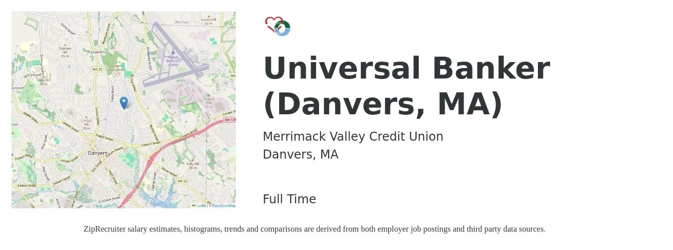 Merrimack Valley Credit Union job posting for a Universal Banker (Danvers, MA) in Danvers, MA with a salary of $19 to $24 Hourly with a map of Danvers location.