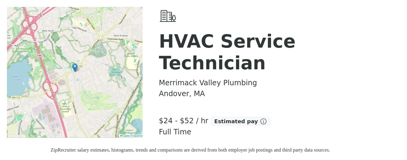 Merrimack Valley Plumbing job posting for a HVAC Service Technician in Andover, MA with a salary of $25 to $55 Hourly with a map of Andover location.