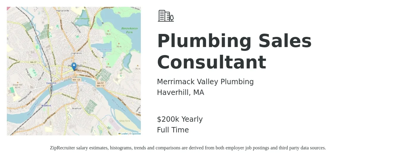 Merrimack Valley Plumbing job posting for a Plumbing Sales Consultant in Haverhill, MA with a salary of $200,000 Yearly with a map of Haverhill location.