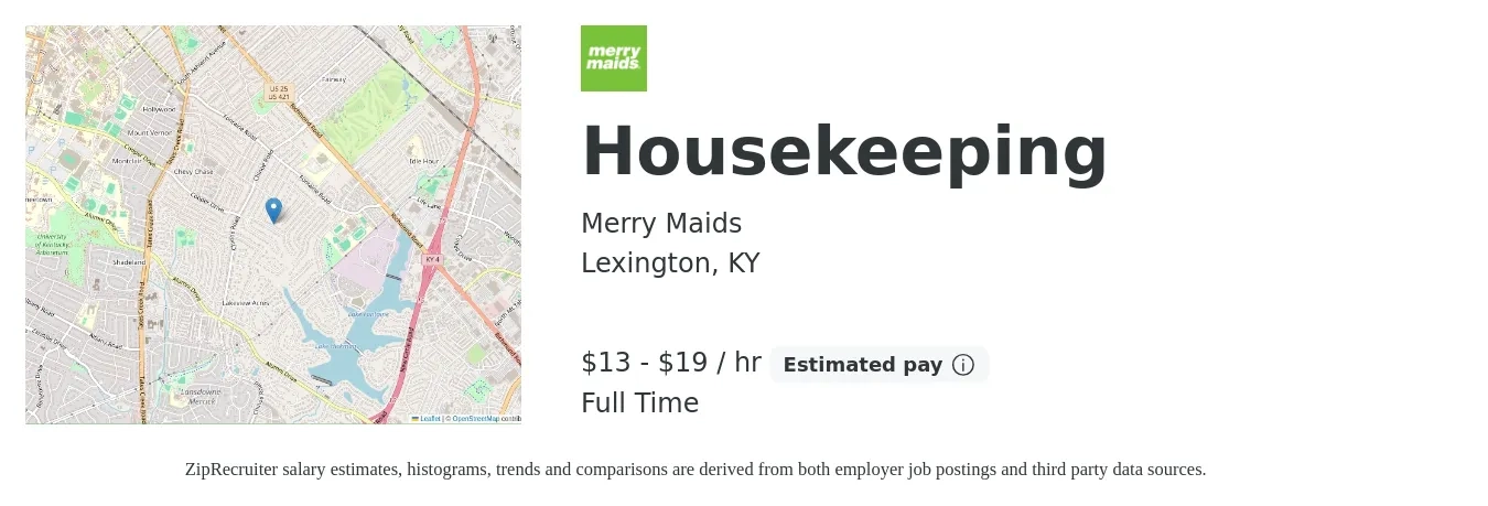 Merry Maids job posting for a Housekeeping in Lexington, KY with a salary of $14 to $20 Hourly with a map of Lexington location.