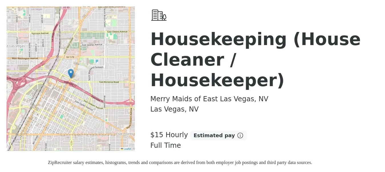 Merry Maids of East Las Vegas, NV job posting for a Housekeeping (House Cleaner / Housekeeper) in Las Vegas, NV with a salary of $16 Hourly with a map of Las Vegas location.