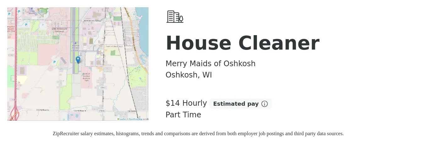 Merry Maids of Oshkosh job posting for a House Cleaner in Oshkosh, WI with a salary of $15 Hourly with a map of Oshkosh location.