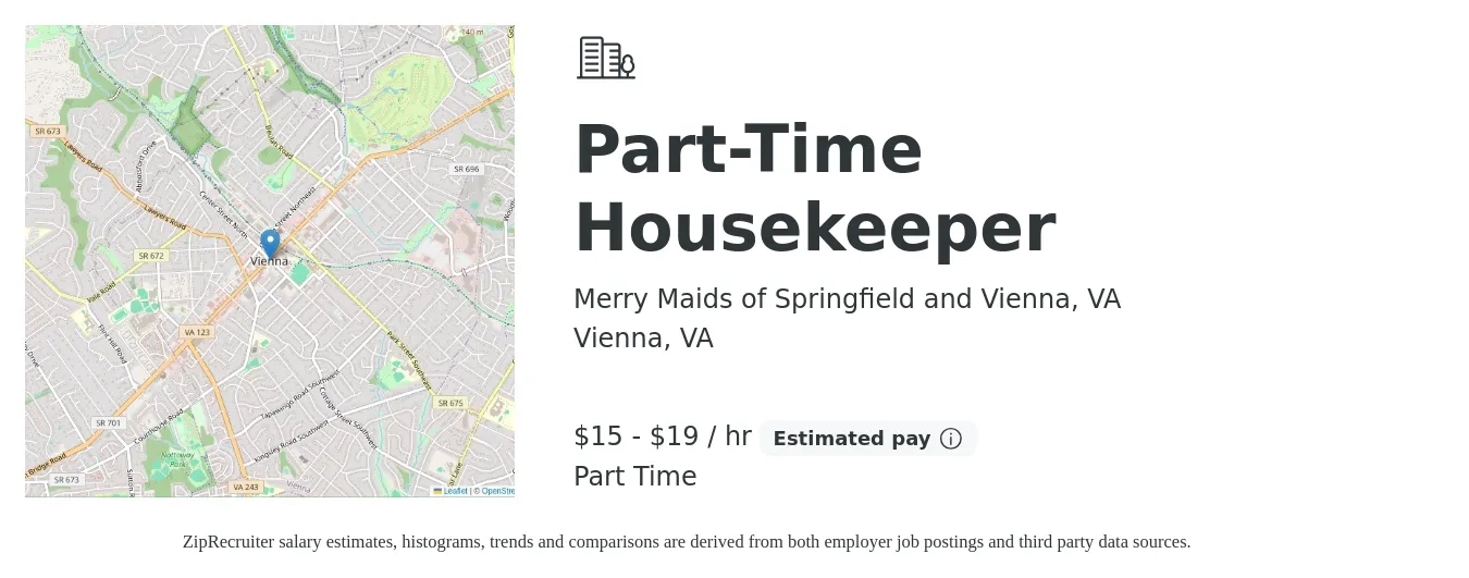Merry Maids of Springfield and Vienna, VA job posting for a Part-Time Housekeeper in Vienna, VA with a salary of $16 to $20 Hourly with a map of Vienna location.