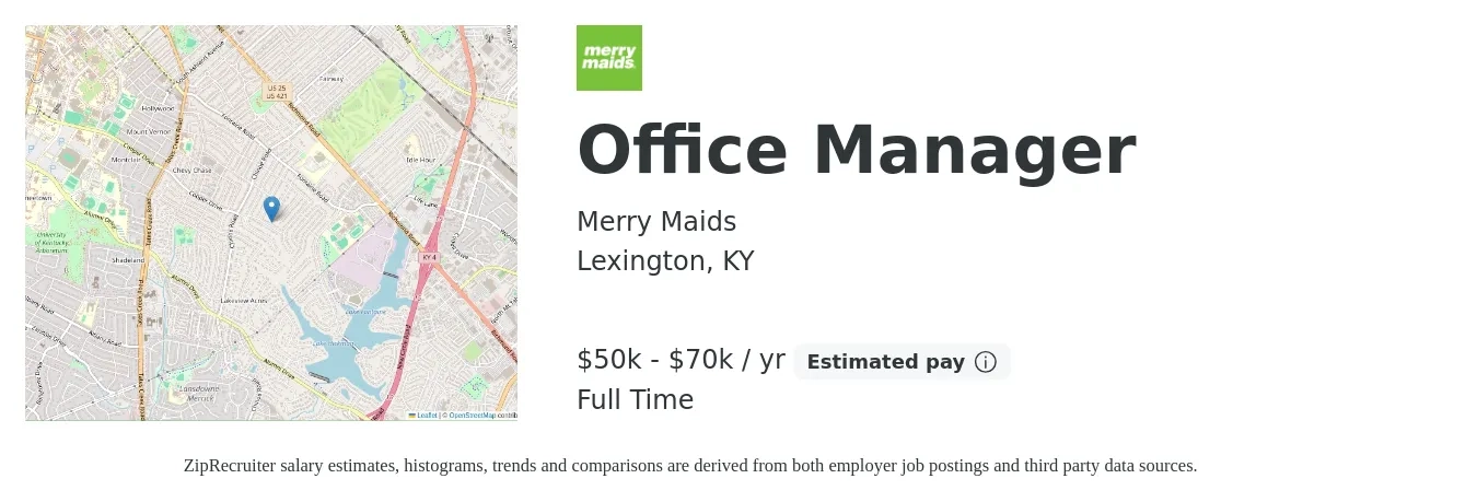 Merry Maids job posting for a Office Manager in Lexington, KY with a salary of $50,000 to $70,000 Yearly with a map of Lexington location.