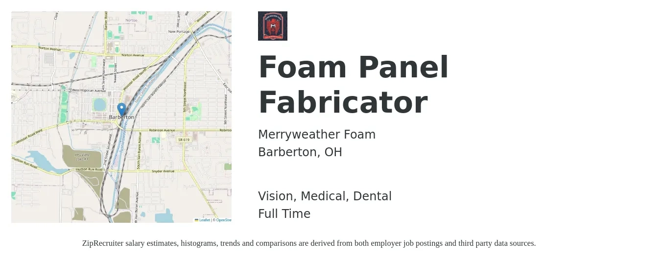 Merryweather Foam job posting for a Foam Panel Fabricator in Barberton, OH with a salary of $19 to $30 Hourly and benefits including retirement, vision, dental, life_insurance, and medical with a map of Barberton location.