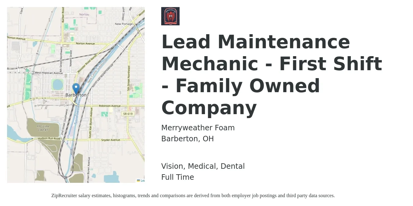 Merryweather Foam job posting for a Lead Maintenance Mechanic - First Shift - Family Owned Company in Barberton, OH with a salary of $25 to $33 Hourly and benefits including life_insurance, medical, pto, retirement, vision, and dental with a map of Barberton location.