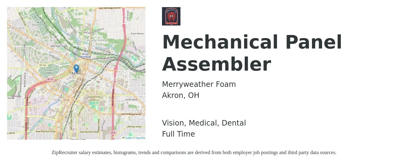 Merryweather Foam job posting for a Mechanical Panel Assembler in Akron, OH with a salary of $17 to $22 Hourly and benefits including life_insurance, medical, retirement, vision, and dental with a map of Akron location.