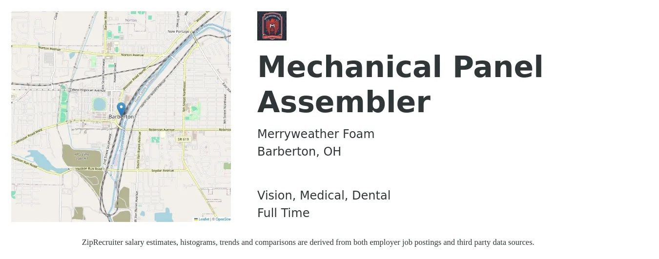 Merryweather Foam job posting for a Mechanical Panel Assembler in Barberton, OH with a salary of $17 to $21 Hourly and benefits including vision, dental, life_insurance, medical, and retirement with a map of Barberton location.