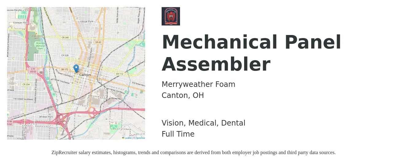 Merryweather Foam job posting for a Mechanical Panel Assembler in Canton, OH with a salary of $17 to $21 Hourly and benefits including medical, retirement, vision, dental, and life_insurance with a map of Canton location.