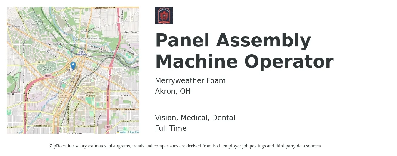 Merryweather Foam job posting for a Panel Assembly Machine Operator in Akron, OH with a salary of $16 to $20 Hourly and benefits including dental, life_insurance, medical, retirement, and vision with a map of Akron location.