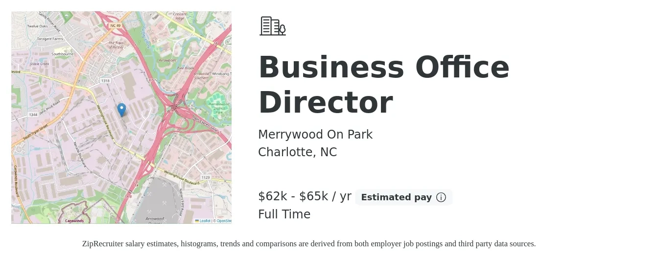 Merrywood On Park job posting for a Business Office Director in Charlotte, NC with a salary of $62,000 to $65,000 Yearly with a map of Charlotte location.
