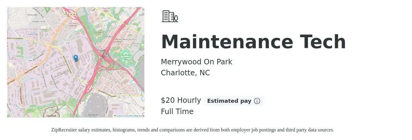 Merrywood On Park job posting for a Maintenance Tech in Charlotte, NC with a salary of $21 Hourly with a map of Charlotte location.