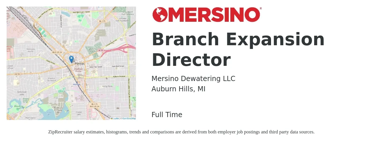 Mersino Dewatering LLC job posting for a Branch Expansion Director in Auburn Hills, MI with a salary of $56,300 to $134,400 Yearly with a map of Auburn Hills location.