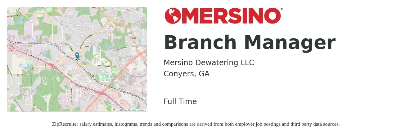 Mersino Dewatering LLC job posting for a Branch Manager in Conyers, GA with a salary of $49,900 to $75,300 Yearly with a map of Conyers location.
