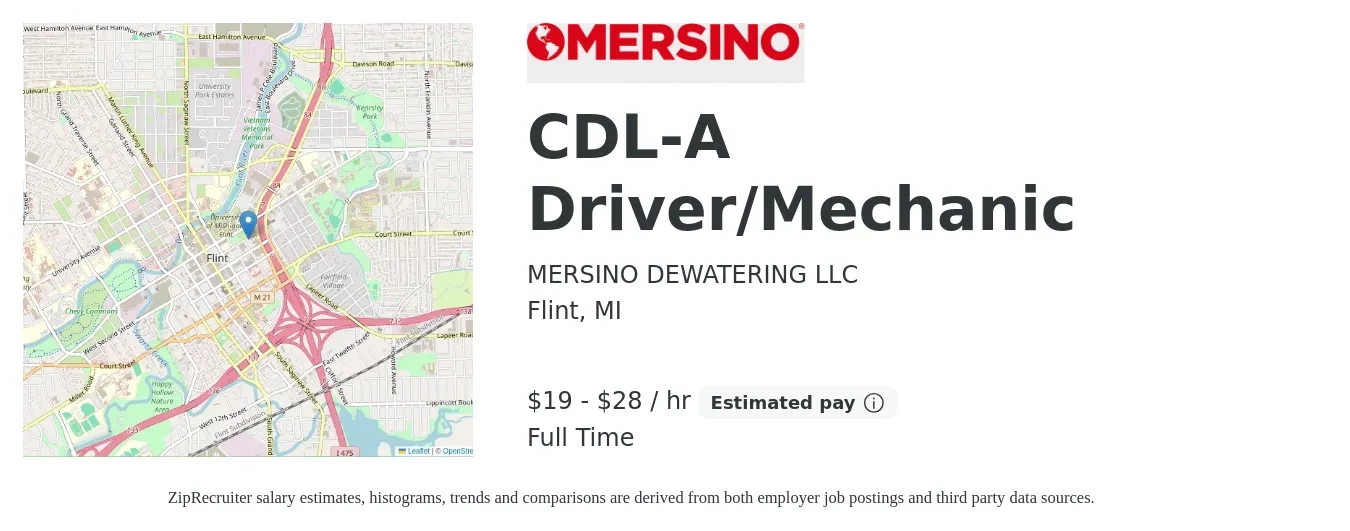 MERSINO DEWATERING LLC job posting for a CDL-A Driver/Mechanic in Flint, MI with a salary of $20 to $30 Hourly with a map of Flint location.