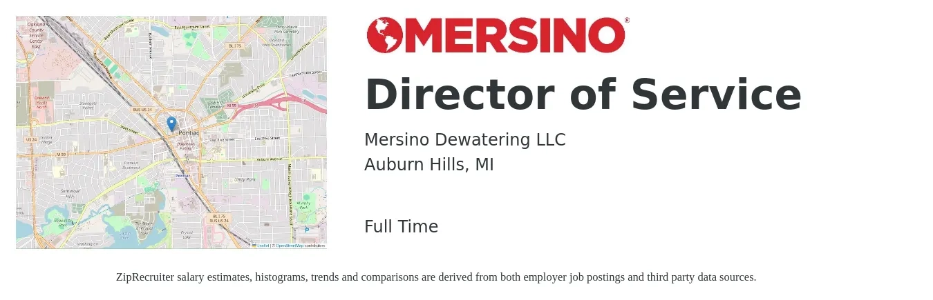 Mersino Dewatering LLC job posting for a Director of Service in Auburn Hills, MI with a salary of $74,300 to $113,600 Yearly with a map of Auburn Hills location.