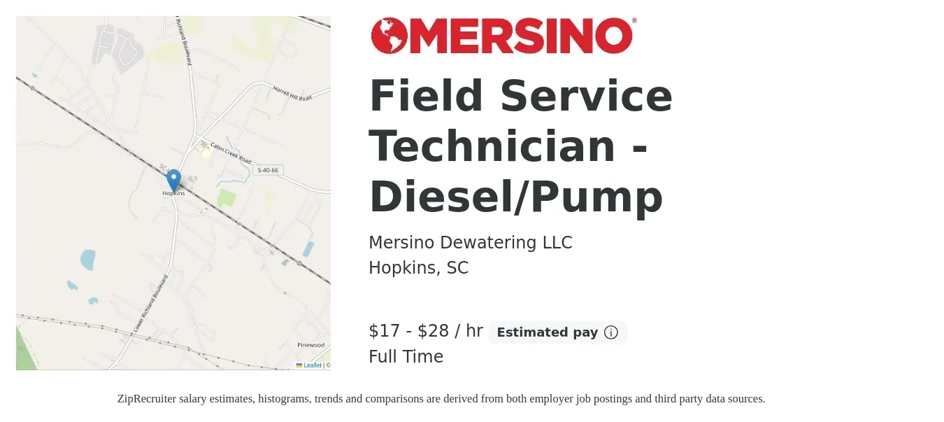 Mersino Dewatering LLC job posting for a Field Service Technician - Diesel/Pump in Hopkins, SC with a salary of $18 to $30 Hourly with a map of Hopkins location.